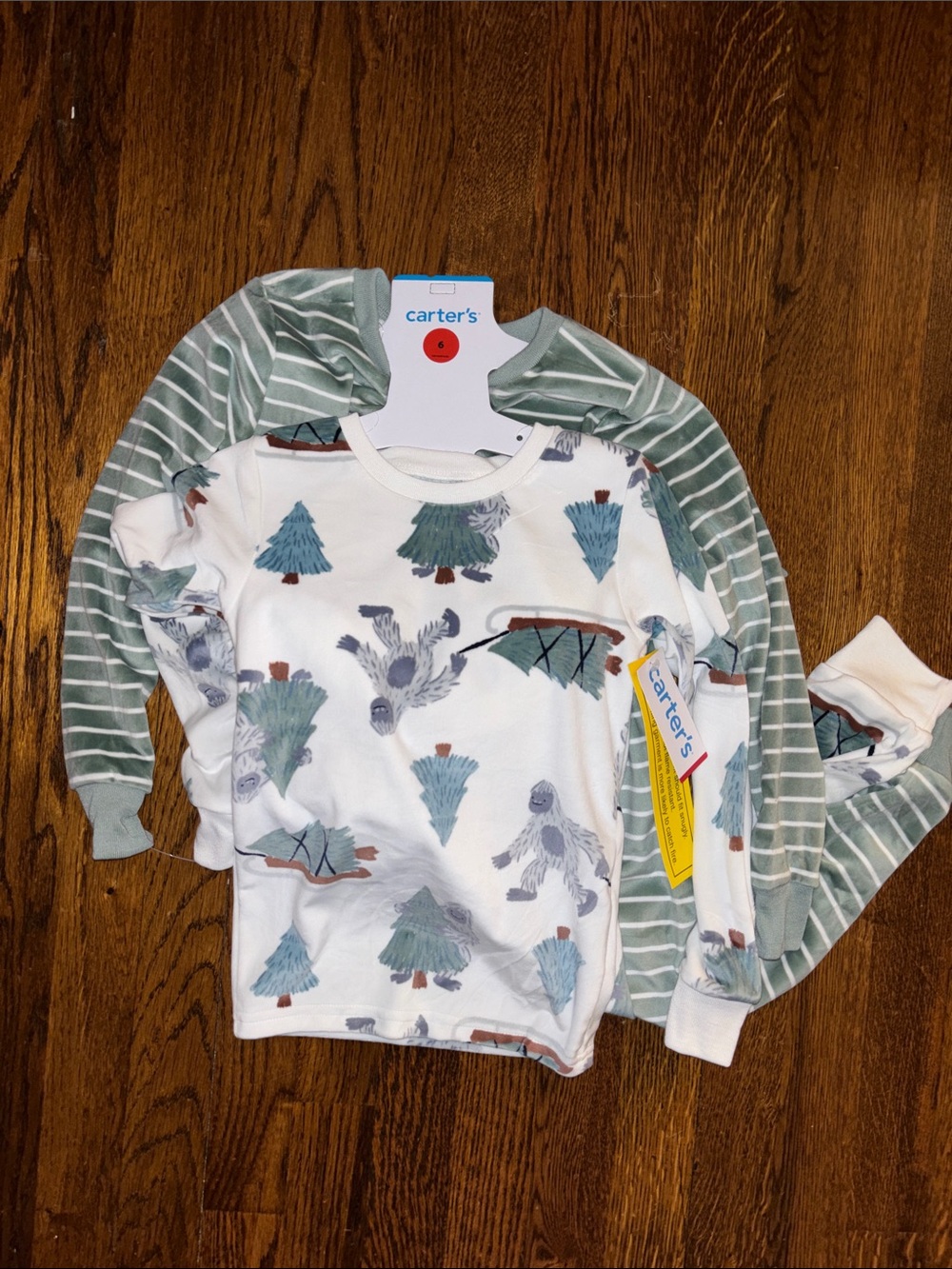 NWT Carter's Kids soft Green Stripe and White Tree & Yeti Pajamas set size 6 - Picture 4 of 5